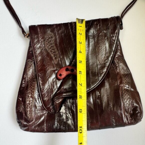 Vintage 80s Eel Skin Leather Snake Print Suede Shoulder Bag Brown Tote Button - Picture 15 of 16